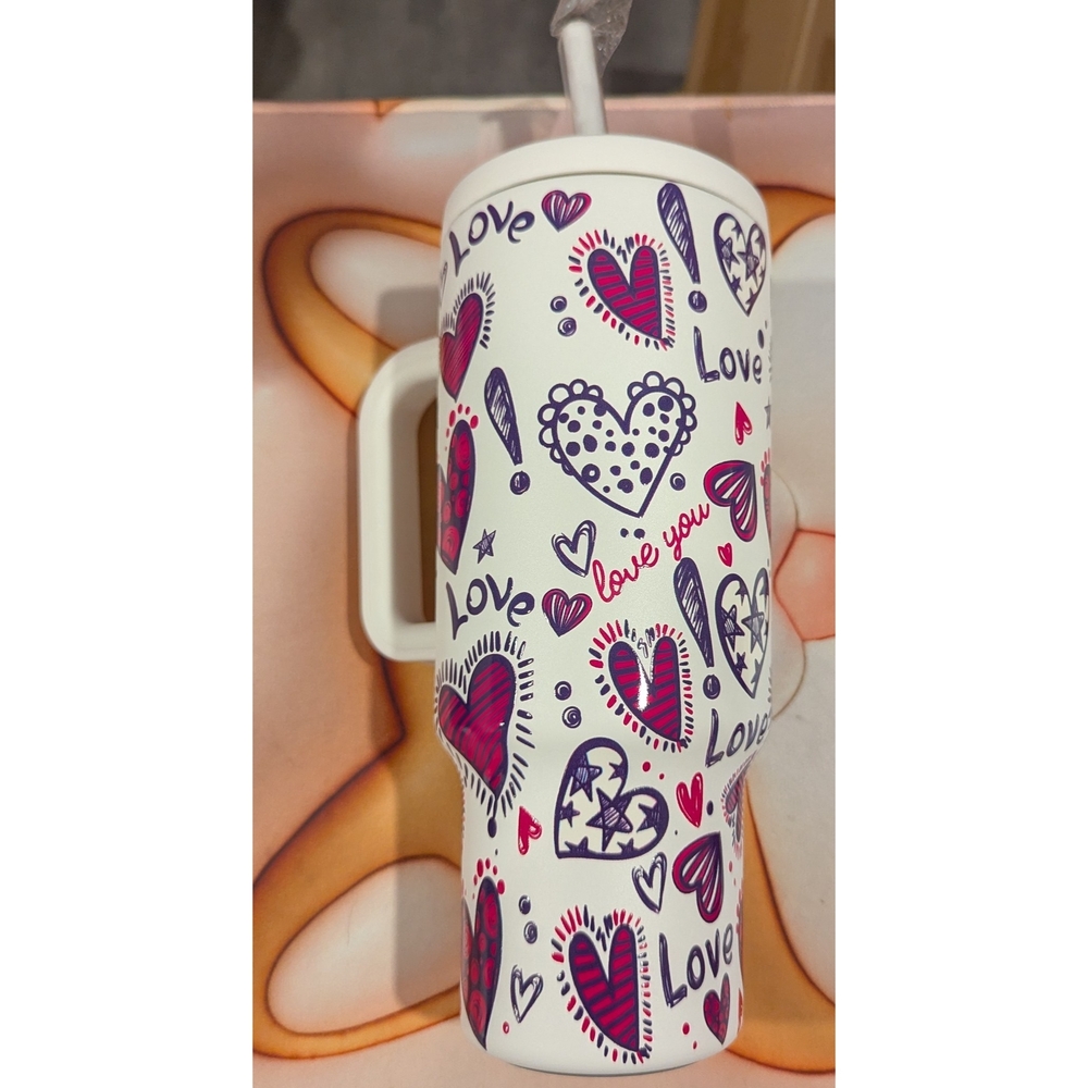 Meoky 40 Oz Love Hearts Travel Mug - White and Pink New In Box - Picture 2 of 5